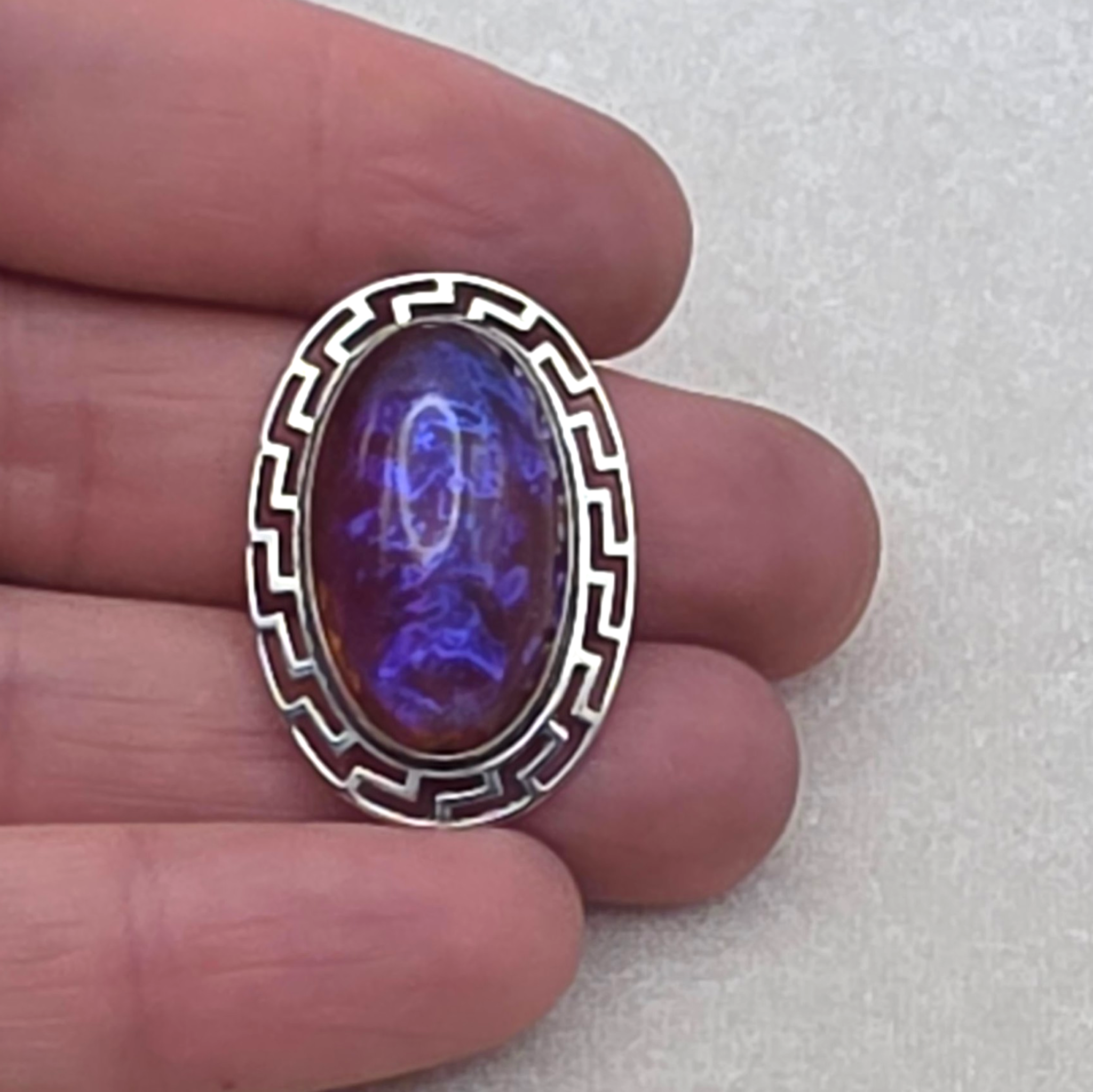 Antique Sterling Silver Dragon’s Breath Opal Brooch Greek Key Design