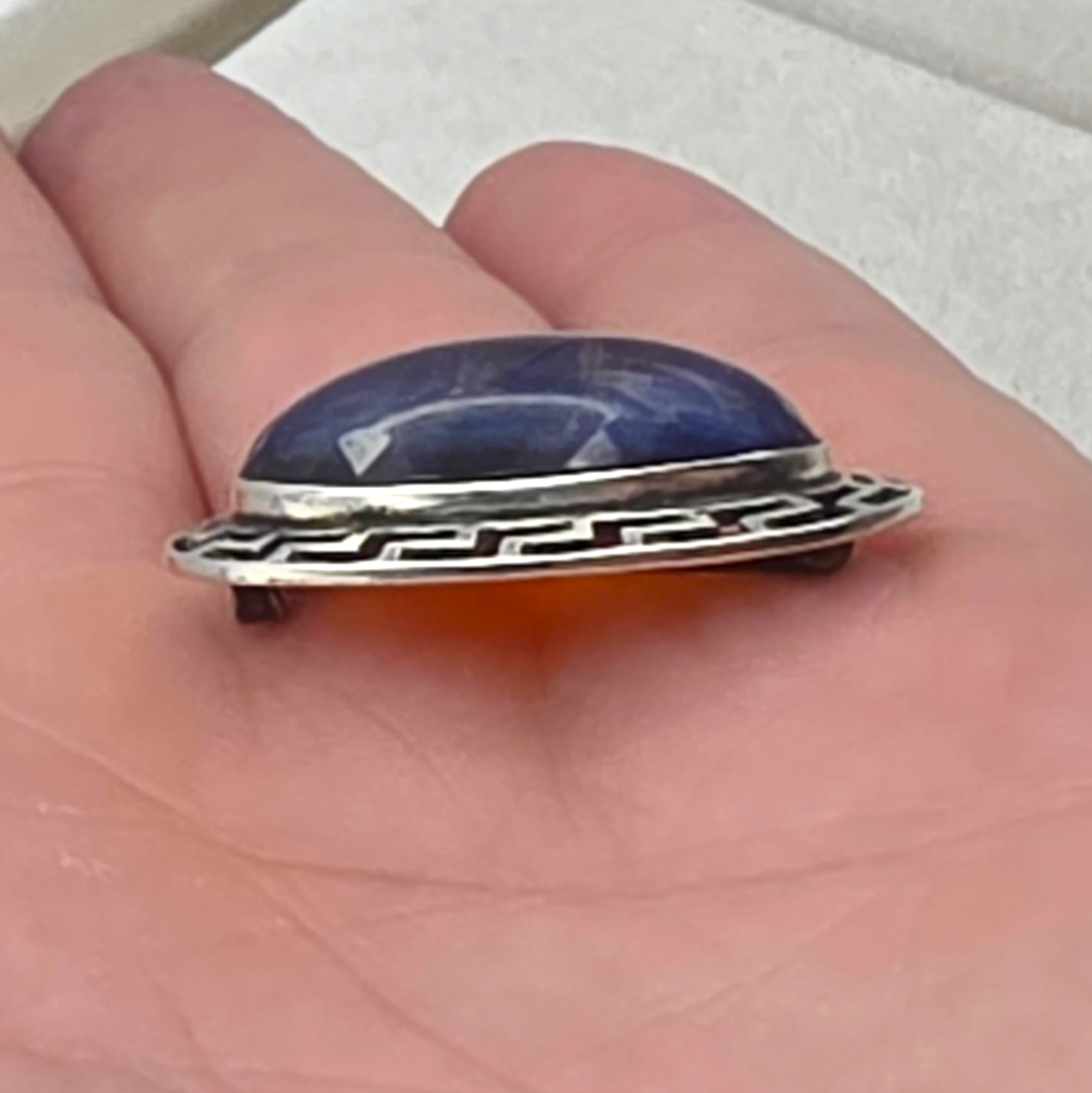 Antique Sterling Silver Dragon’s Breath Opal Brooch Greek Key Design