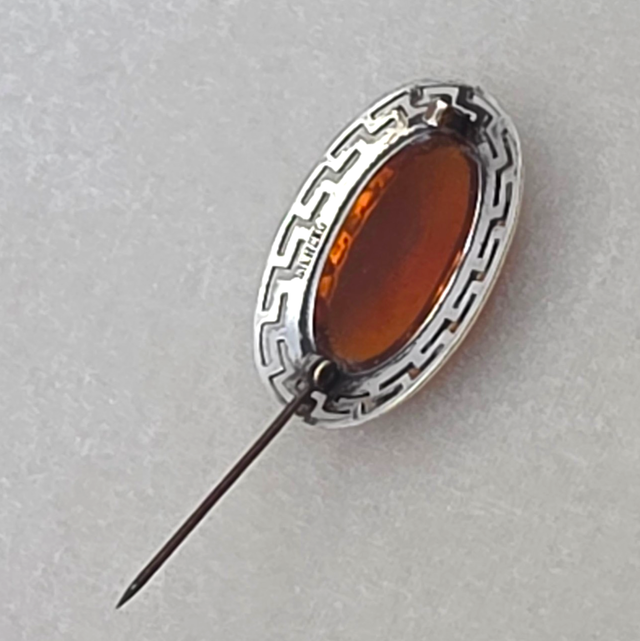 Antique Sterling Silver Dragon’s Breath Opal Brooch Greek Key Design