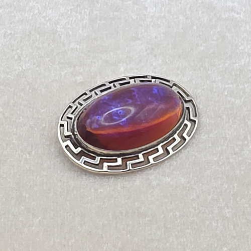 Antique Sterling Silver Dragon’s Breath Opal Brooch Greek Key Design