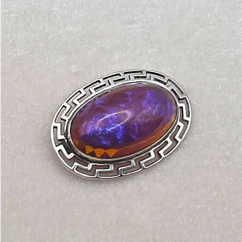 Antique Sterling Silver Dragon’s Breath Opal Brooch Greek Key Design