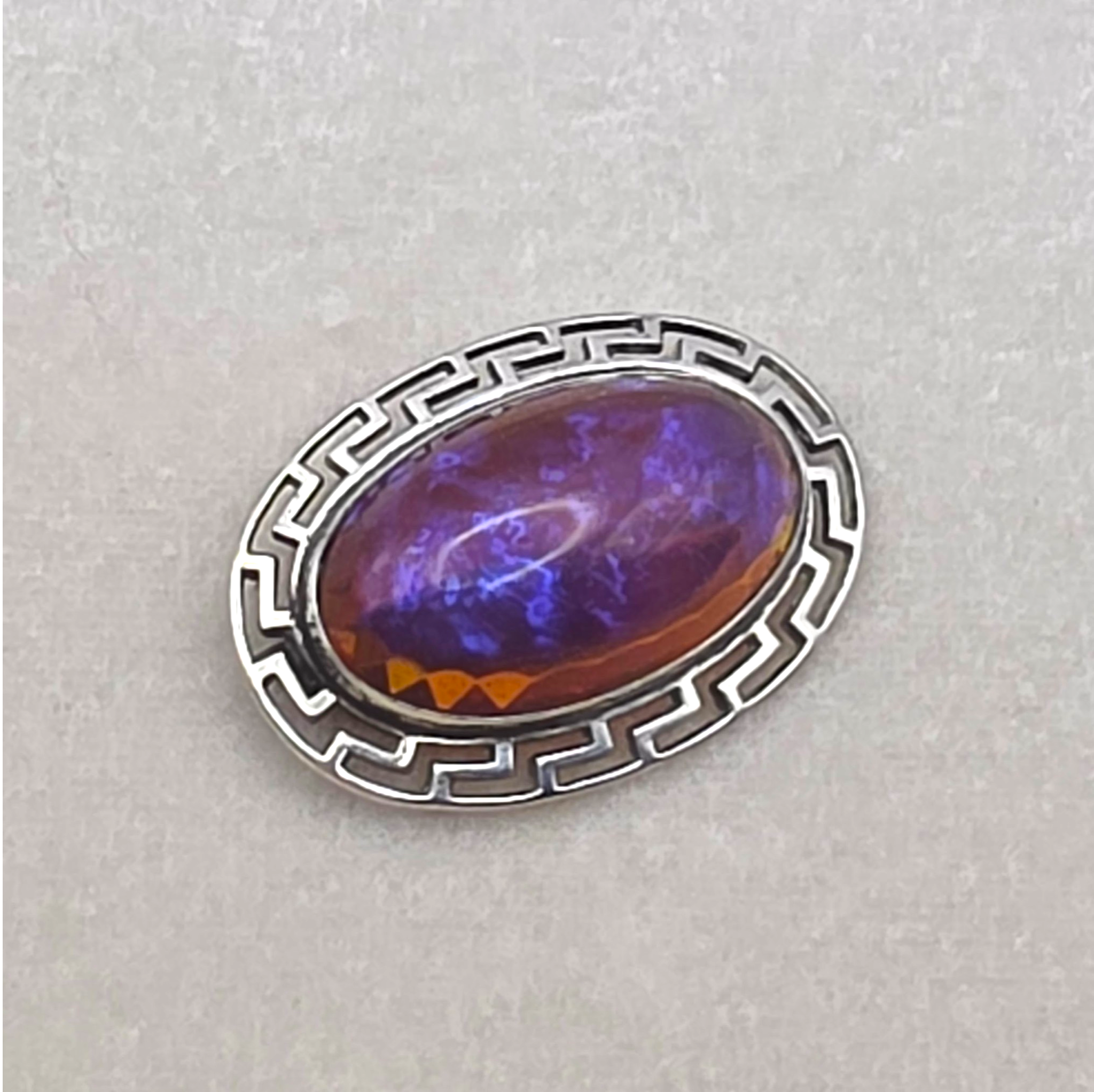 Antique Sterling Silver Dragon’s Breath Opal Brooch Greek Key Design
