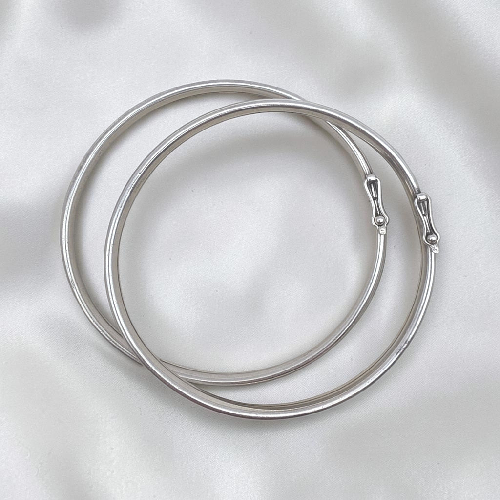 Antique French Silver Hinged Bangle Bracelets Pair, Signed