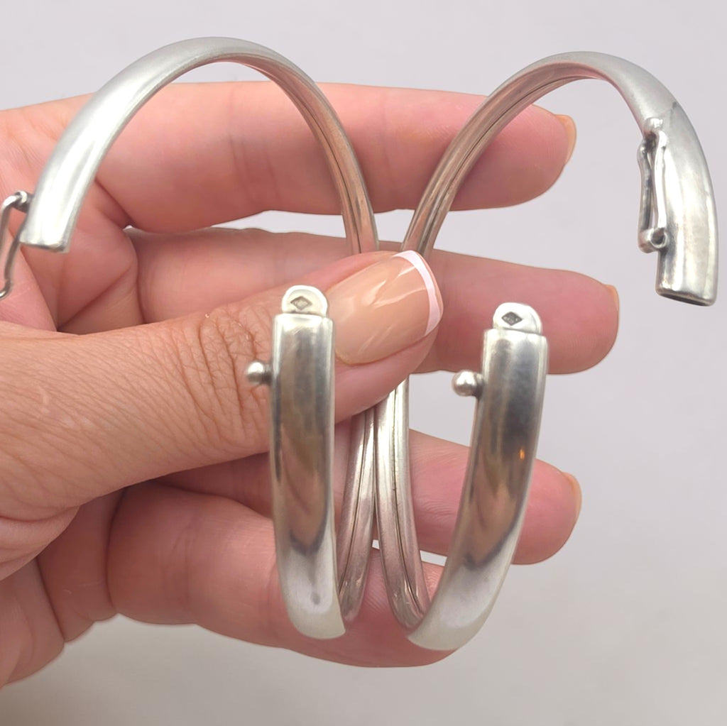 Antique French Silver Hinged Bangle Bracelets Pair, Signed