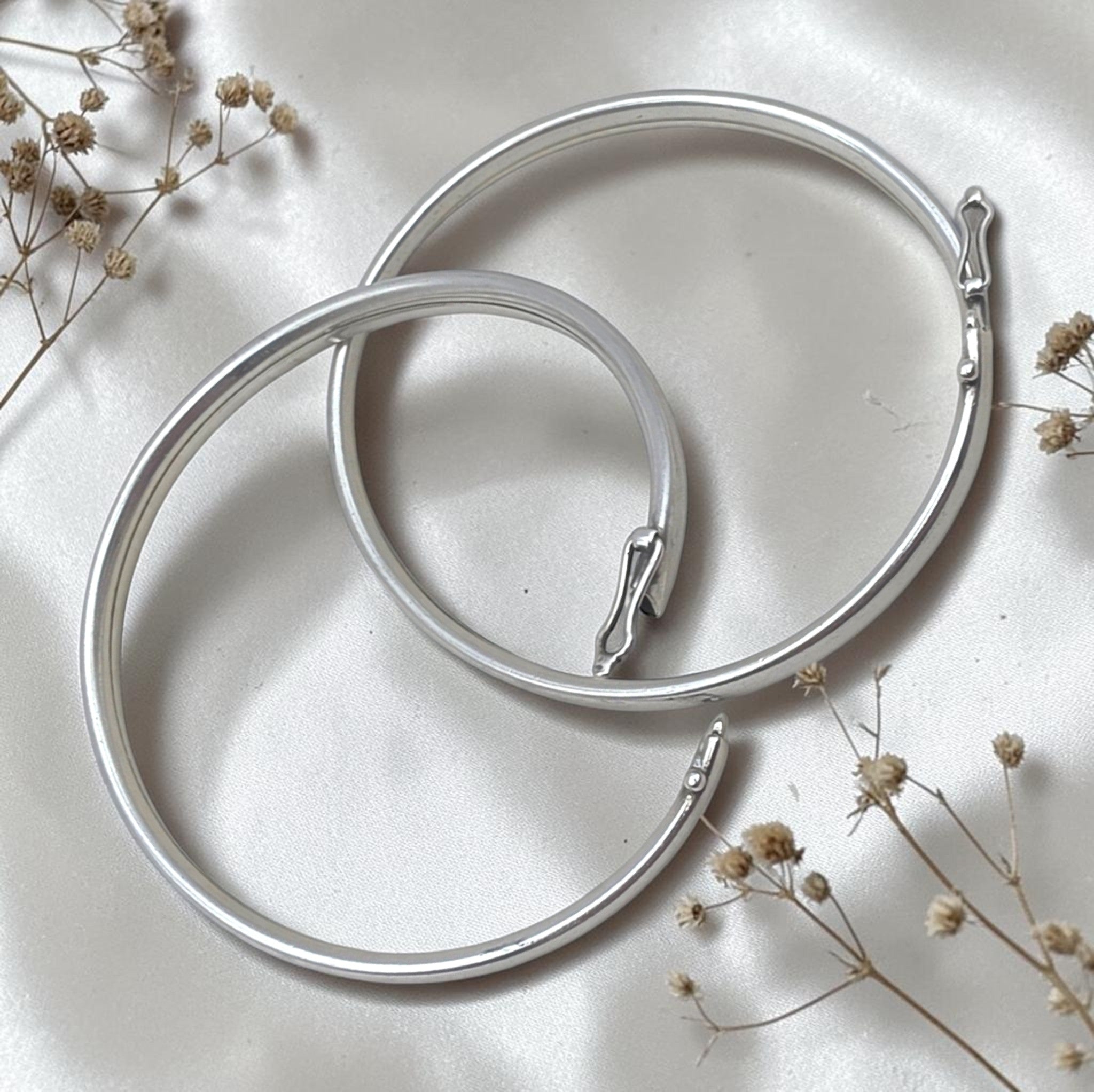 Antique French Silver Hinged Bangle Bracelets Pair, Signed