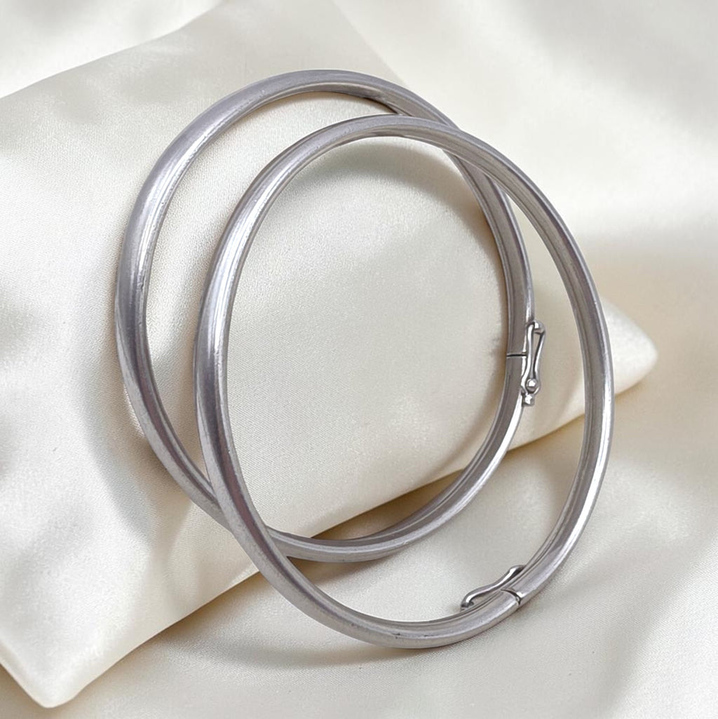Antique French Silver Hinged Bangle Bracelets Pair, Signed