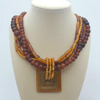 Vintage Brass & Amber Pendant, Multi Strand Bead Necklace, 92.13g
