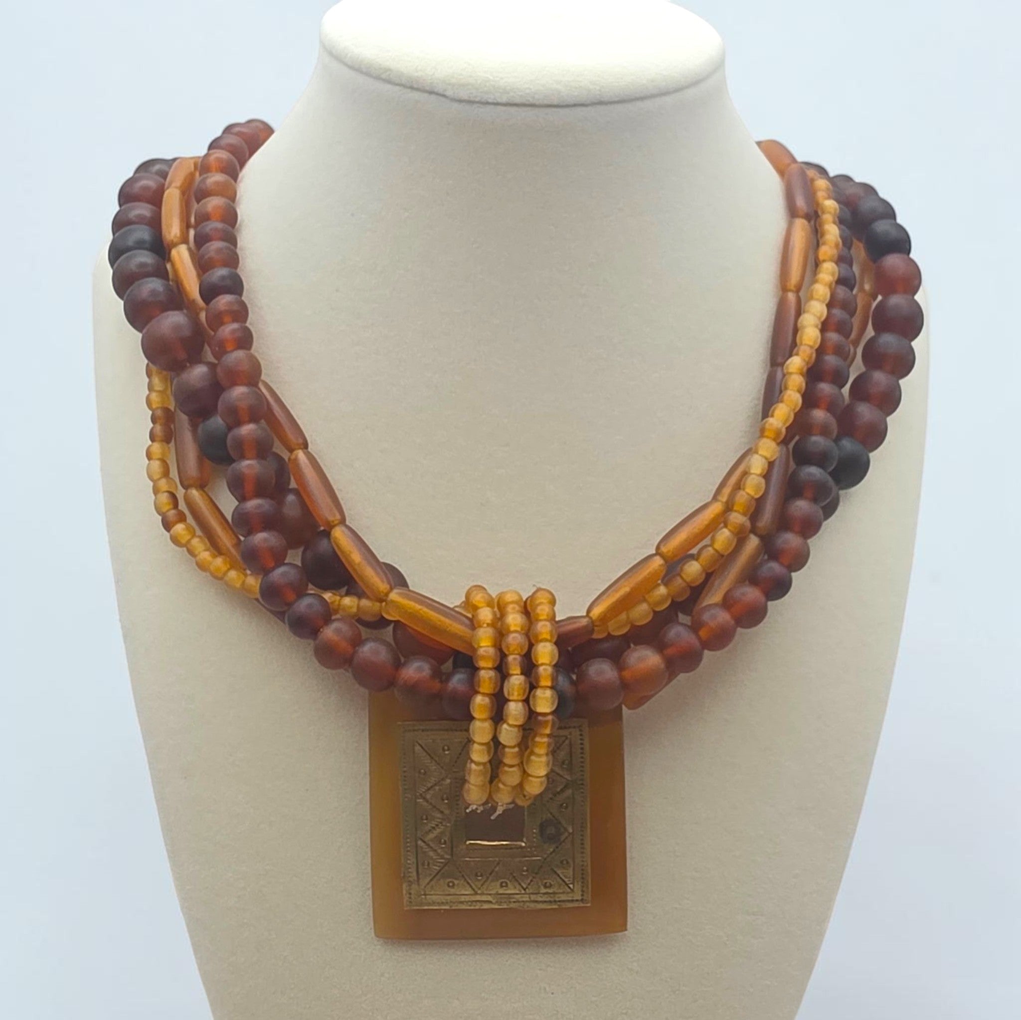 Vintage Brass & Amber Pendant, Multi Strand Bead Necklace, 92.13g