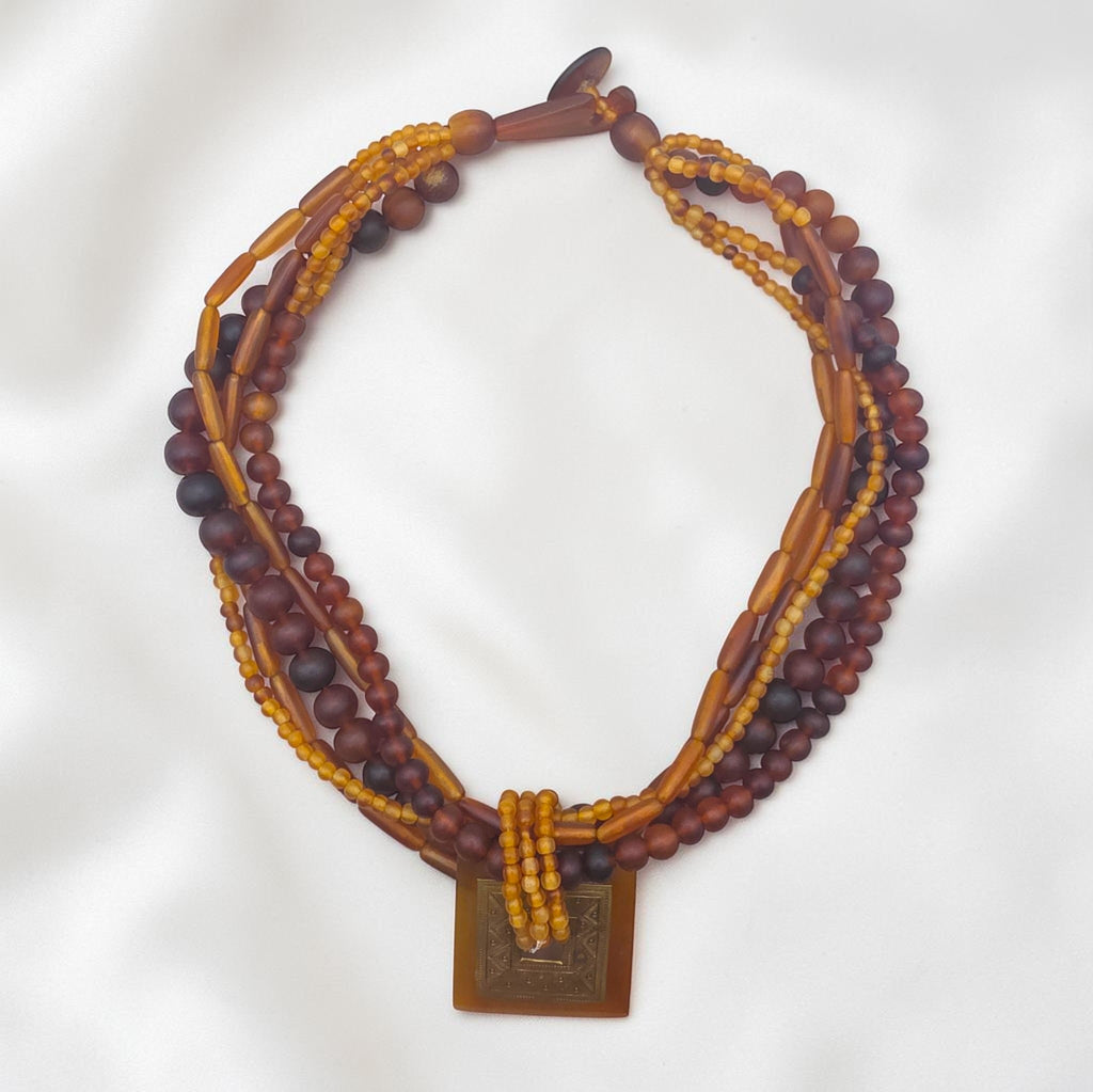 Vintage Brass & Amber Pendant, Multi Strand Bead Necklace, 92.13g