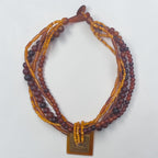 Vintage Brass & Amber Pendant, Multi Strand Bead Necklace, 92.13g