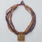 Vintage Brass & Amber Pendant, Multi Strand Bead Necklace, 92.13g