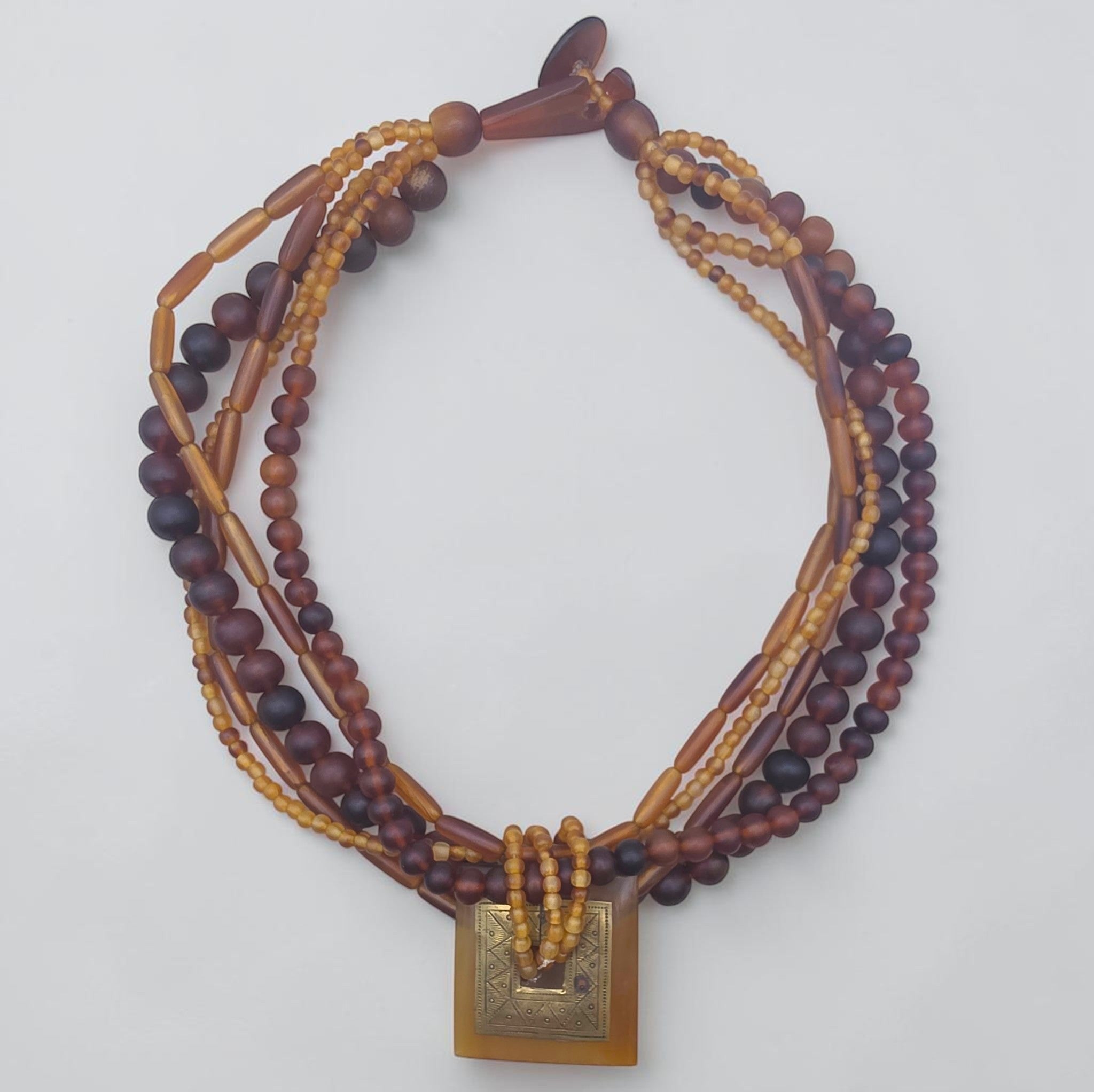 Vintage Brass & Amber Pendant, Multi Strand Bead Necklace, 92.13g
