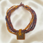 Vintage Brass & Amber Pendant, Multi Strand Bead Necklace, 92.13g
