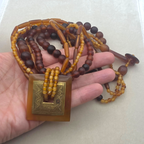 Vintage Brass & Amber Pendant, Multi Strand Bead Necklace, 92.13g