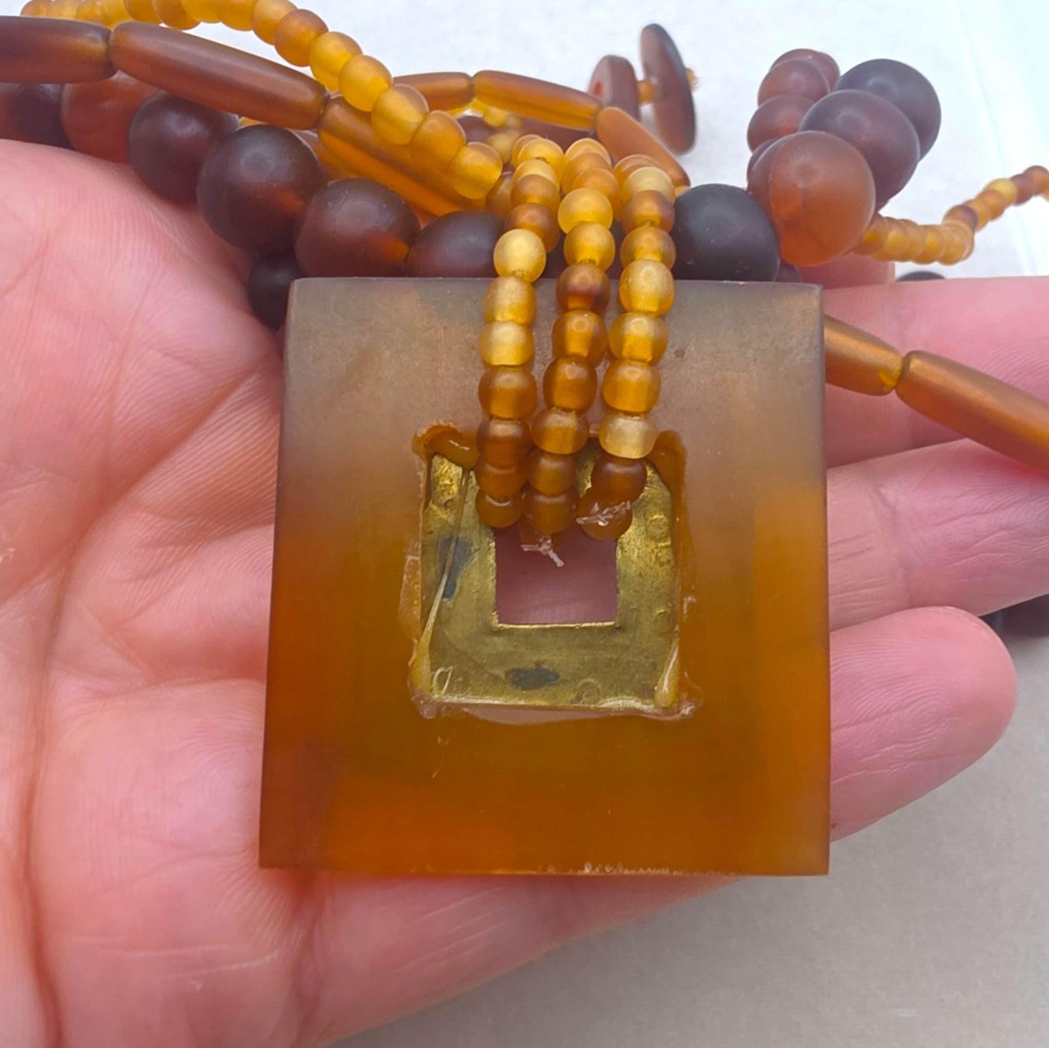 Vintage Brass & Amber Pendant, Multi Strand Bead Necklace, 92.13g