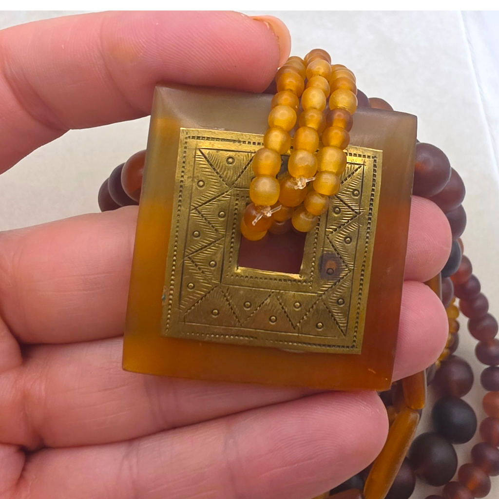 Vintage Brass & Amber Pendant, Multi Strand Bead Necklace, 92.13g