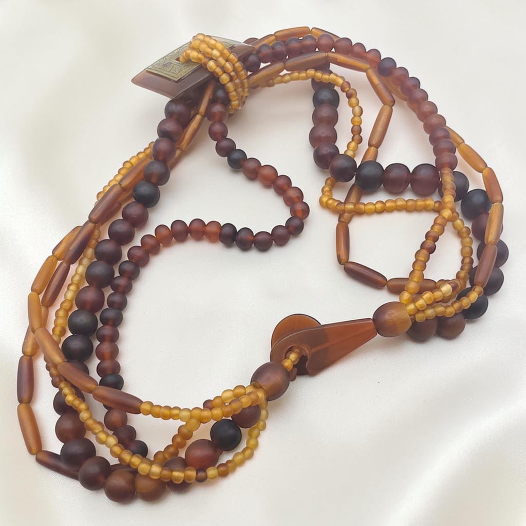 Vintage Brass & Amber Pendant, Multi Strand Bead Necklace, 92.13g