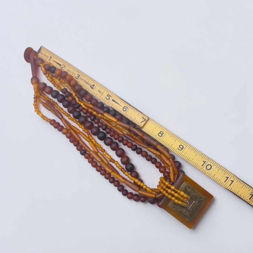 Vintage Brass & Amber Pendant, Multi Strand Bead Necklace, 92.13g