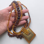 Vintage Brass & Amber Pendant, Multi Strand Bead Necklace, 92.13g