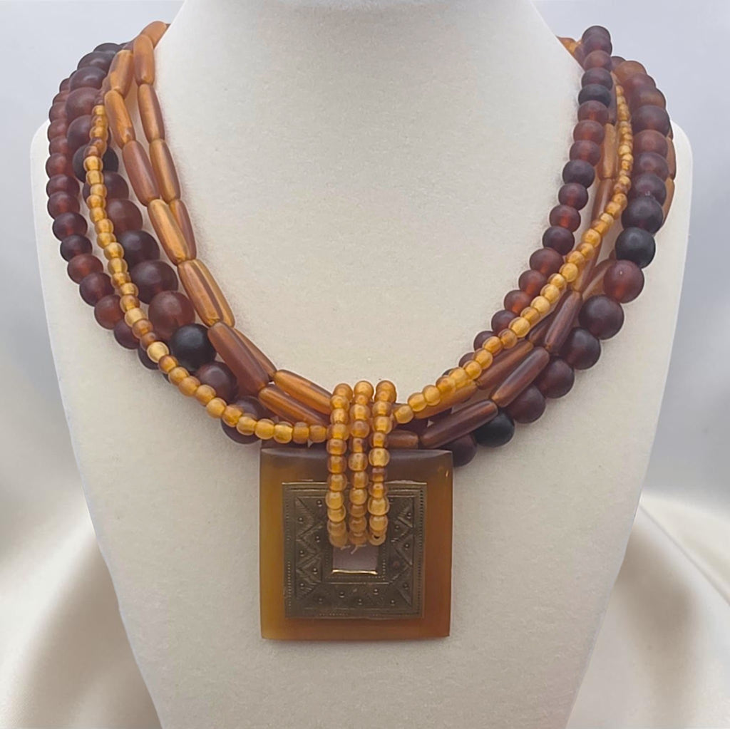 Vintage Brass & Amber Pendant, Multi Strand Bead Necklace, 92.13g