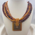Vintage Brass & Amber Pendant, Multi Strand Bead Necklace, 92.13g