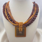 Vintage Brass & Amber Pendant, Multi Strand Bead Necklace, 92.13g
