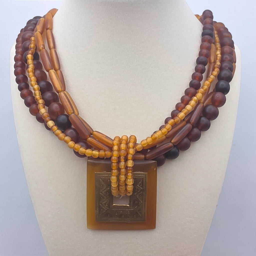 Vintage Brass & Amber Pendant, Multi Strand Bead Necklace, 92.13g