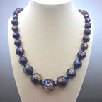 Vintage Graduated Dark Blue Cloisonné Enamel Bead Necklace Knotted Silk 29"