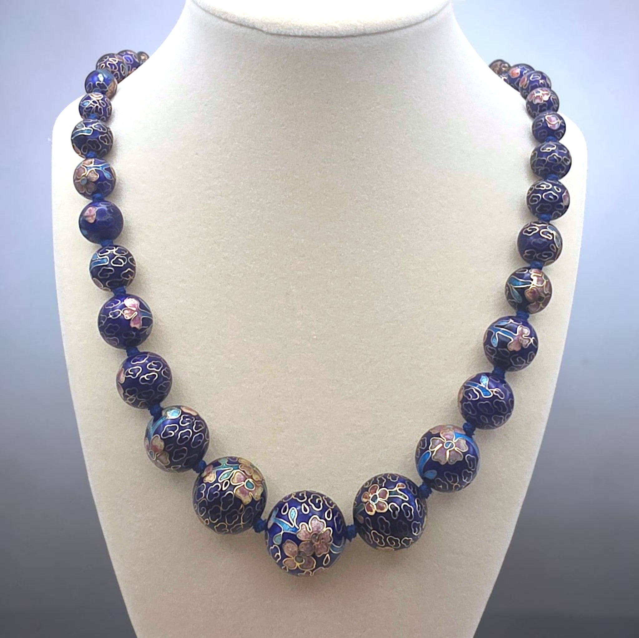 Vintage Graduated Dark Blue Cloisonné Enamel Bead Necklace Knotted Silk 29"