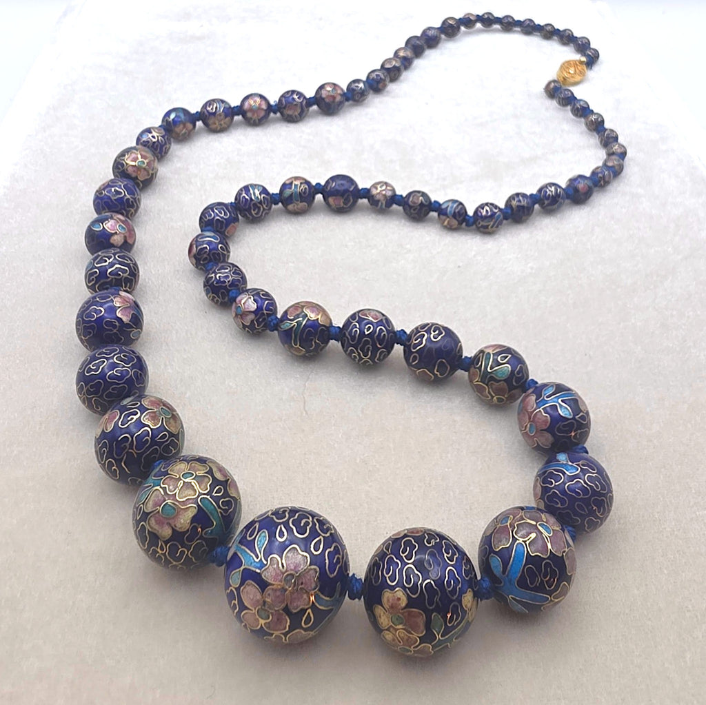 Vintage Graduated Dark Blue Cloisonné Enamel Bead Necklace Knotted Silk 29"