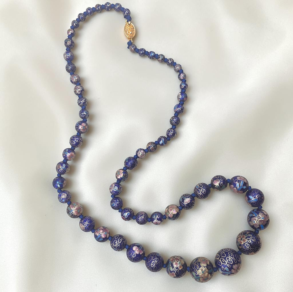 Vintage Graduated Dark Blue Cloisonné Enamel Bead Necklace Knotted Silk 29"