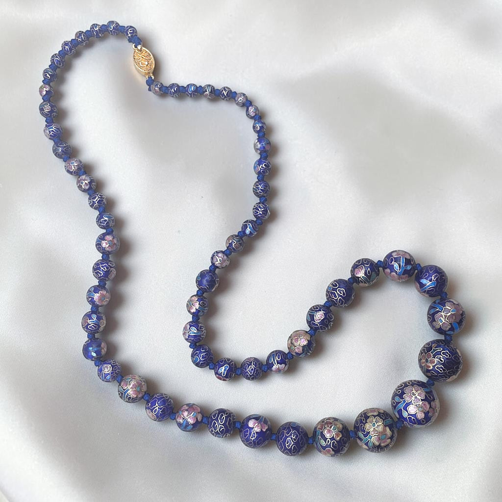 Vintage Graduated Dark Blue Cloisonné Enamel Bead Necklace Knotted Silk 29"