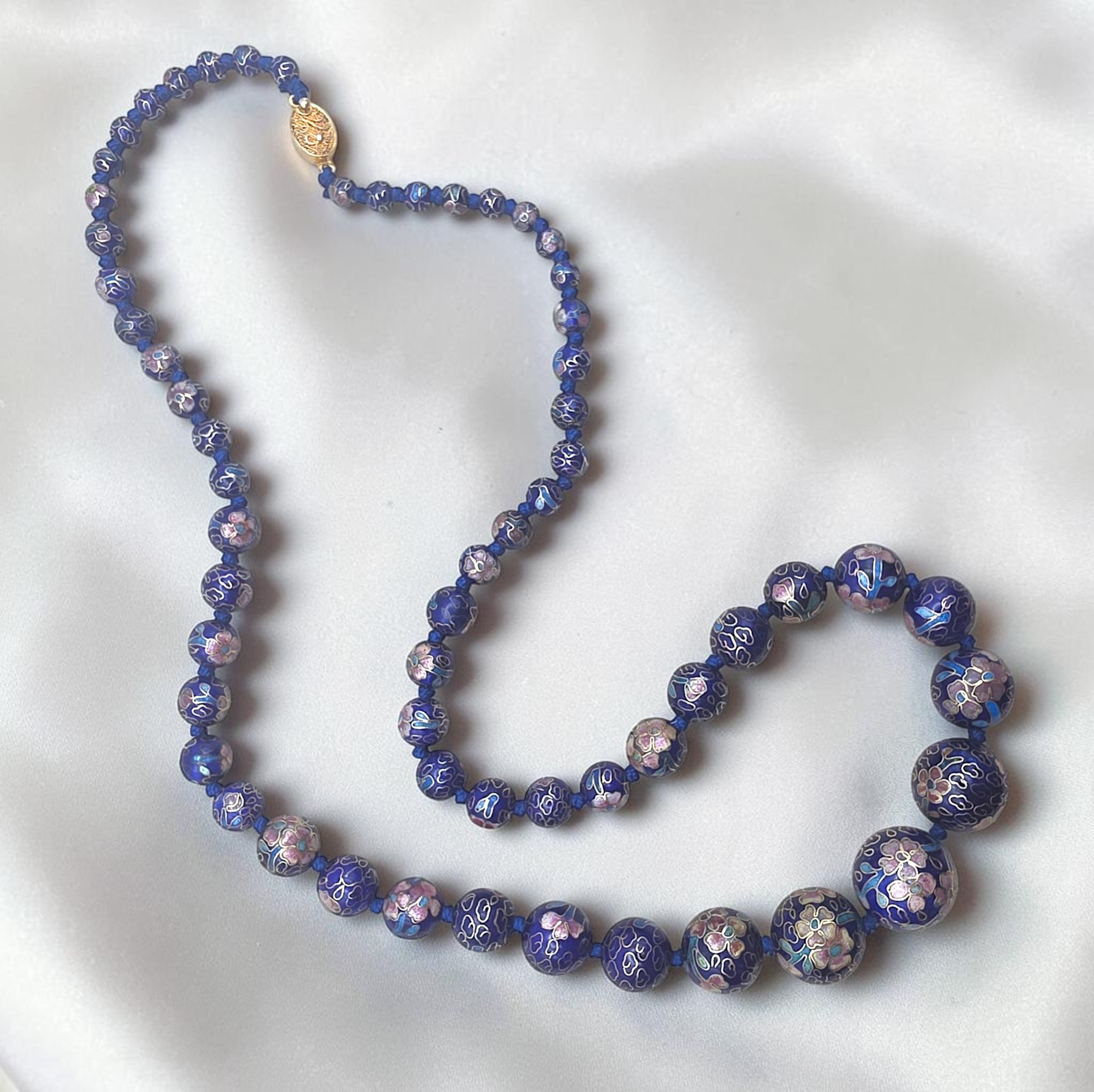 Vintage Graduated Dark Blue Cloisonné Enamel Bead Necklace Knotted Silk 29"