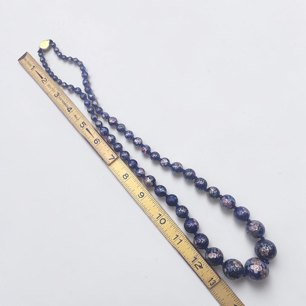 Vintage Graduated Dark Blue Cloisonné Enamel Bead Necklace Knotted Silk 29"