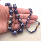 Vintage Graduated Dark Blue Cloisonné Enamel Bead Necklace Knotted Silk 29"