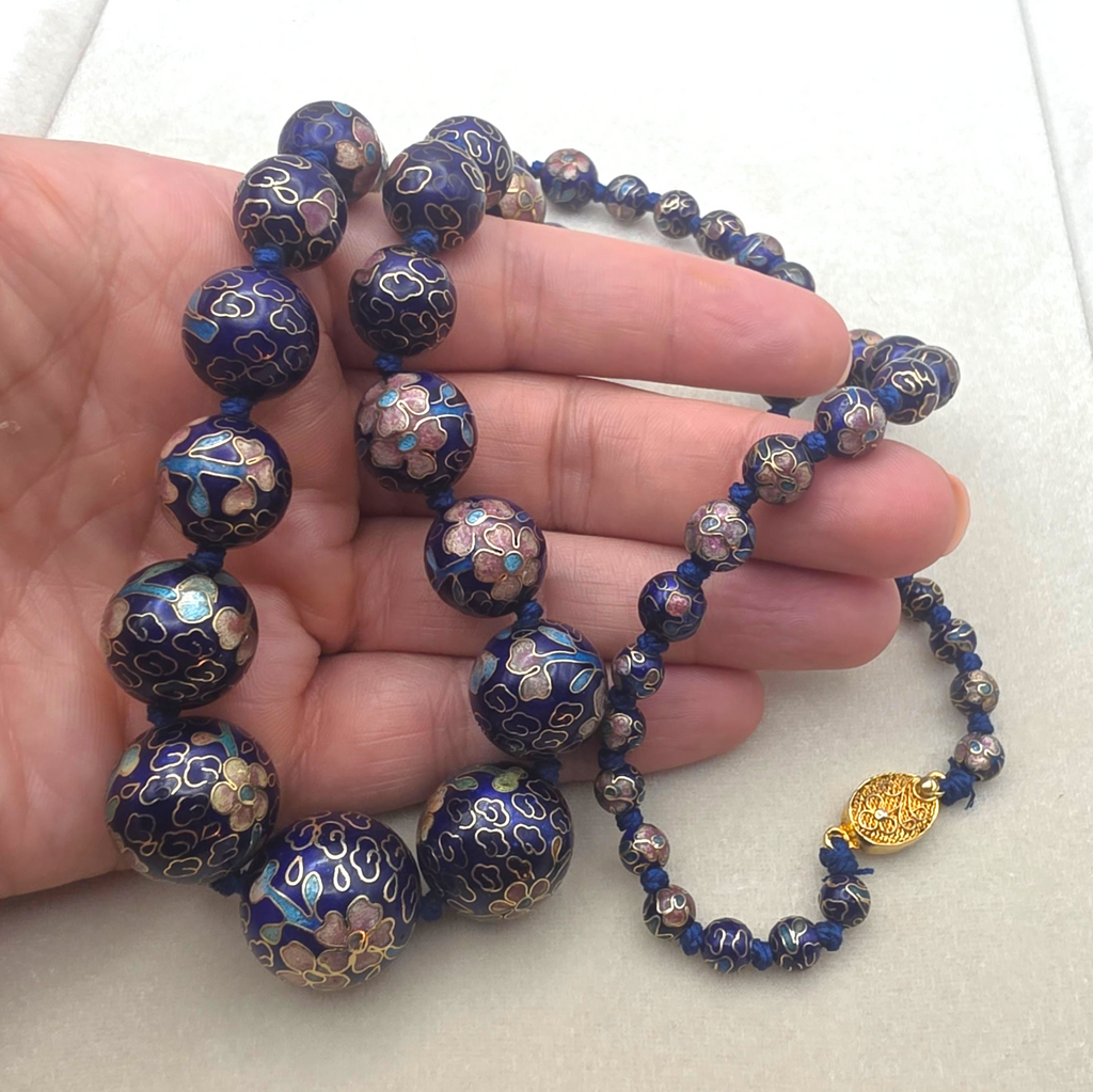 Vintage Graduated Dark Blue Cloisonné Enamel Bead Necklace Knotted Silk 29"