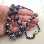 Vintage Graduated Dark Blue Cloisonné Enamel Bead Necklace Knotted Silk 29"