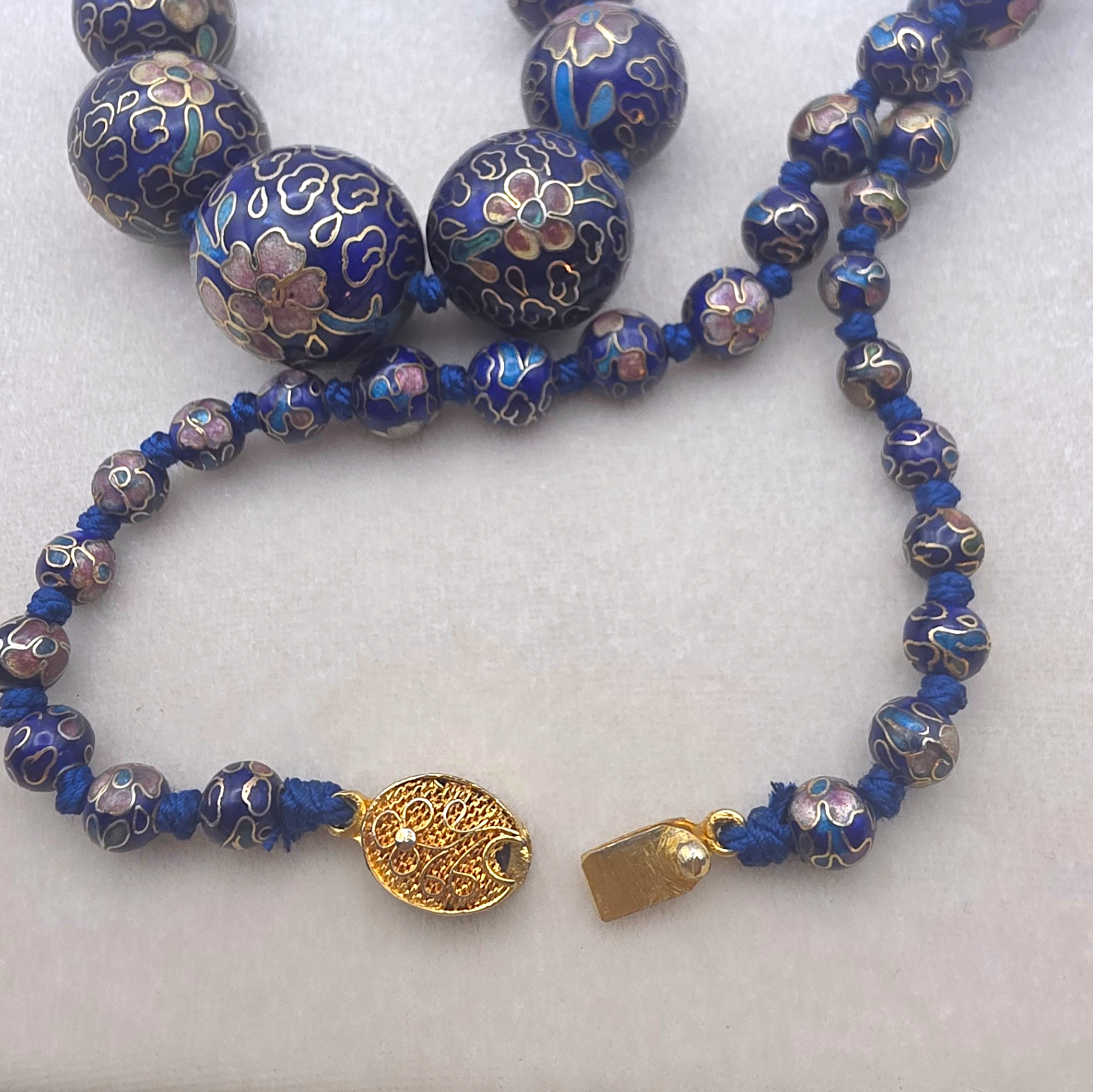 Vintage Graduated Dark Blue Cloisonné Enamel Bead Necklace Knotted Silk 29"