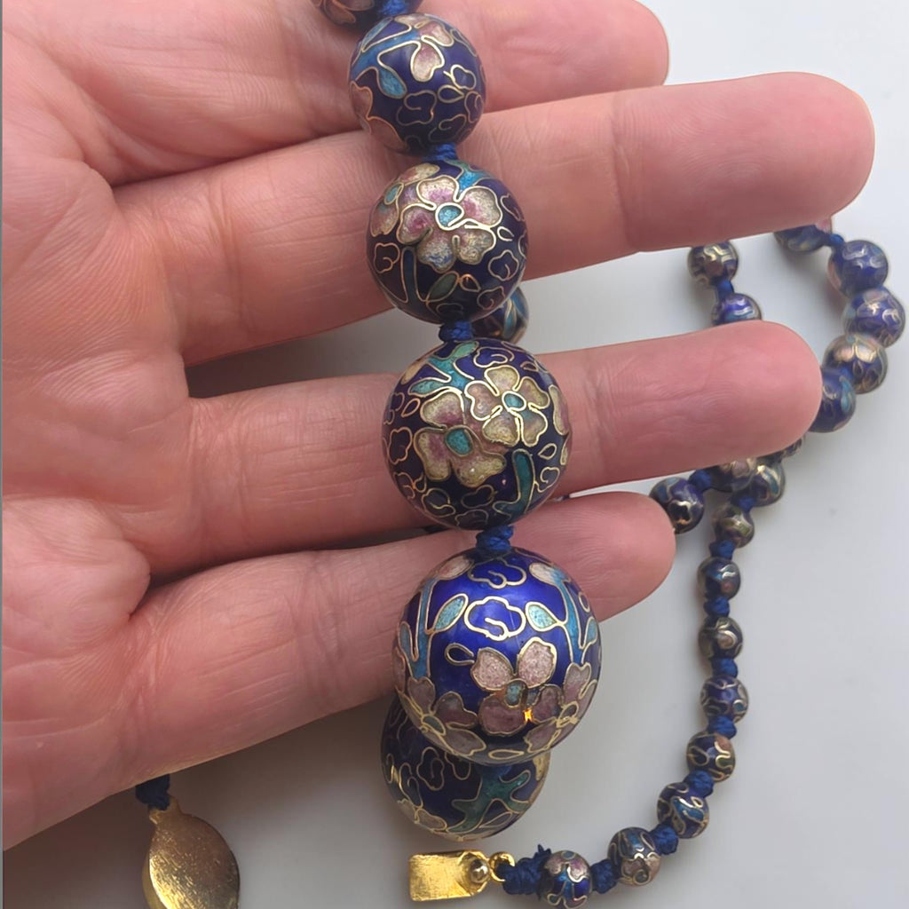 Vintage Graduated Dark Blue Cloisonné Enamel Bead Necklace Knotted Silk 29"