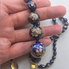 Vintage Graduated Dark Blue Cloisonné Enamel Bead Necklace Knotted Silk 29"