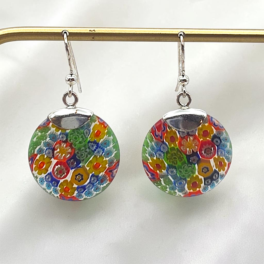 Vintage Sterling Silver Millefiori Murano Glass Dangle Earrings 925 Italy