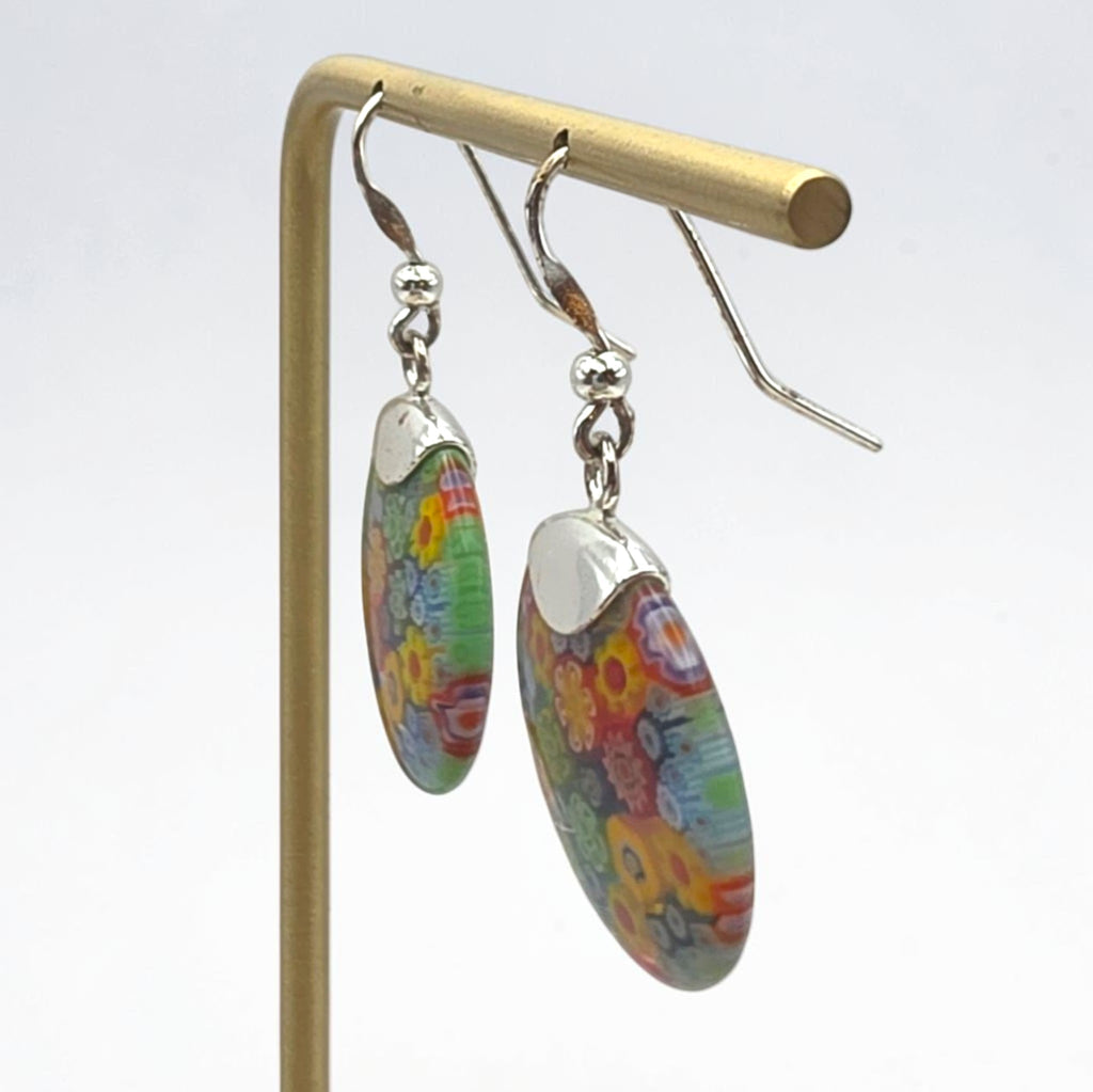 Vintage Sterling Silver Millefiori Murano Glass Dangle Earrings 925 Italy