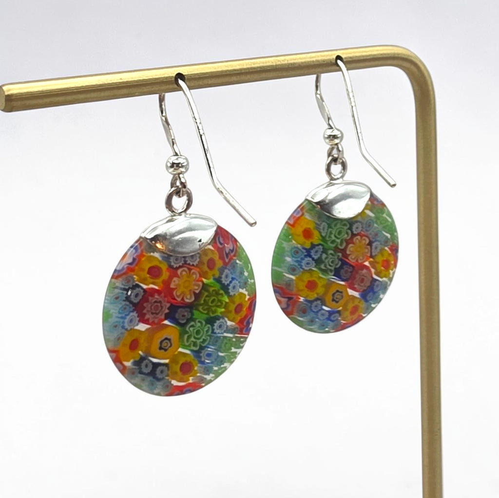 Vintage Sterling Silver Millefiori Murano Glass Dangle Earrings 925 Italy
