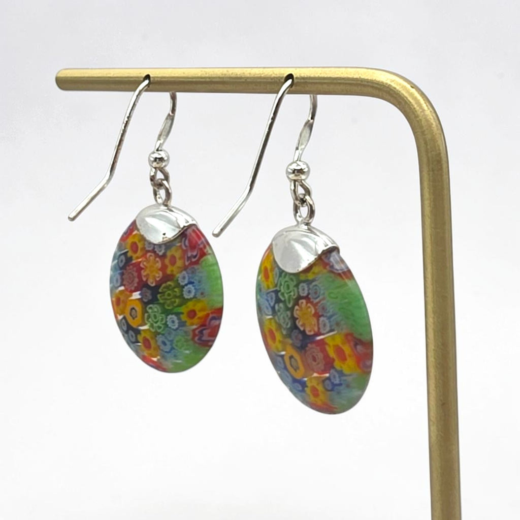 Vintage Sterling Silver Millefiori Murano Glass Dangle Earrings 925 Italy