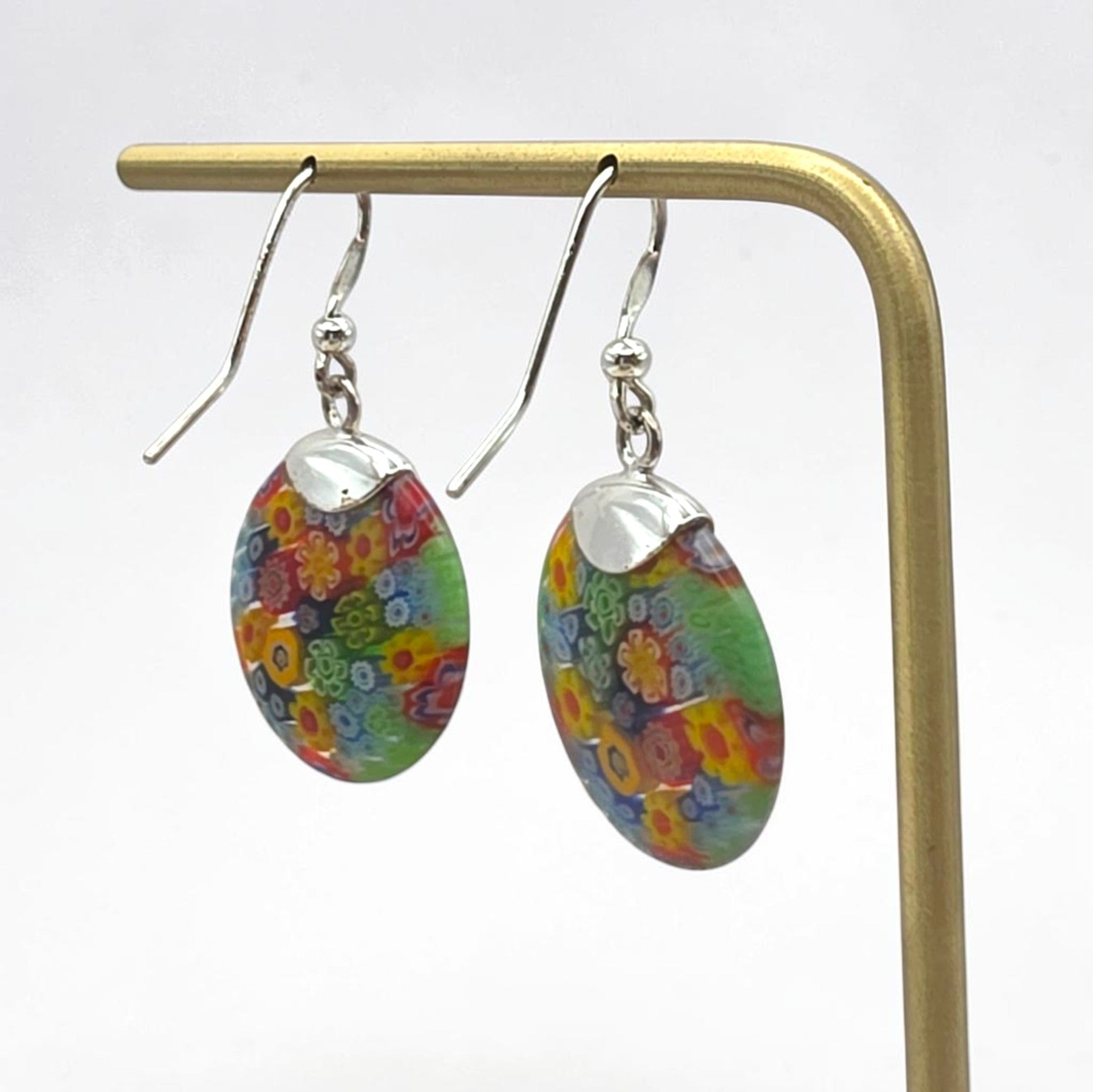 Vintage Sterling Silver Millefiori Murano Glass Dangle Earrings 925 Italy