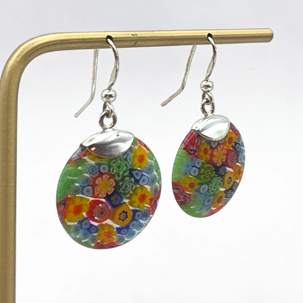 Vintage Sterling Silver Millefiori Murano Glass Dangle Earrings 925 Italy