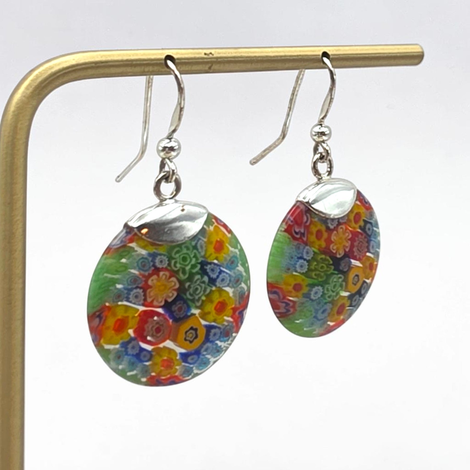 Vintage Sterling Silver Millefiori Murano Glass Dangle Earrings 925 Italy