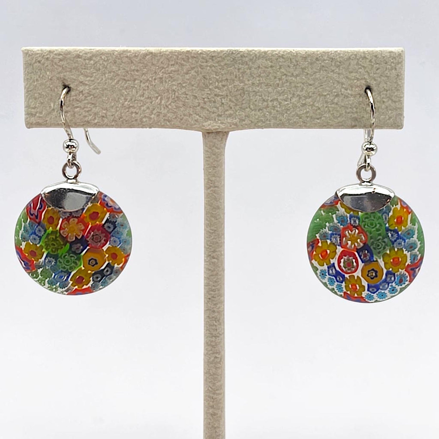 Vintage Sterling Silver Millefiori Murano Glass Dangle Earrings 925 Italy