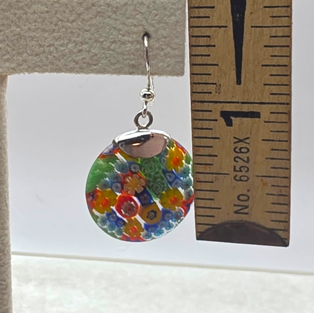 Vintage Sterling Silver Millefiori Murano Glass Dangle Earrings 925 Italy