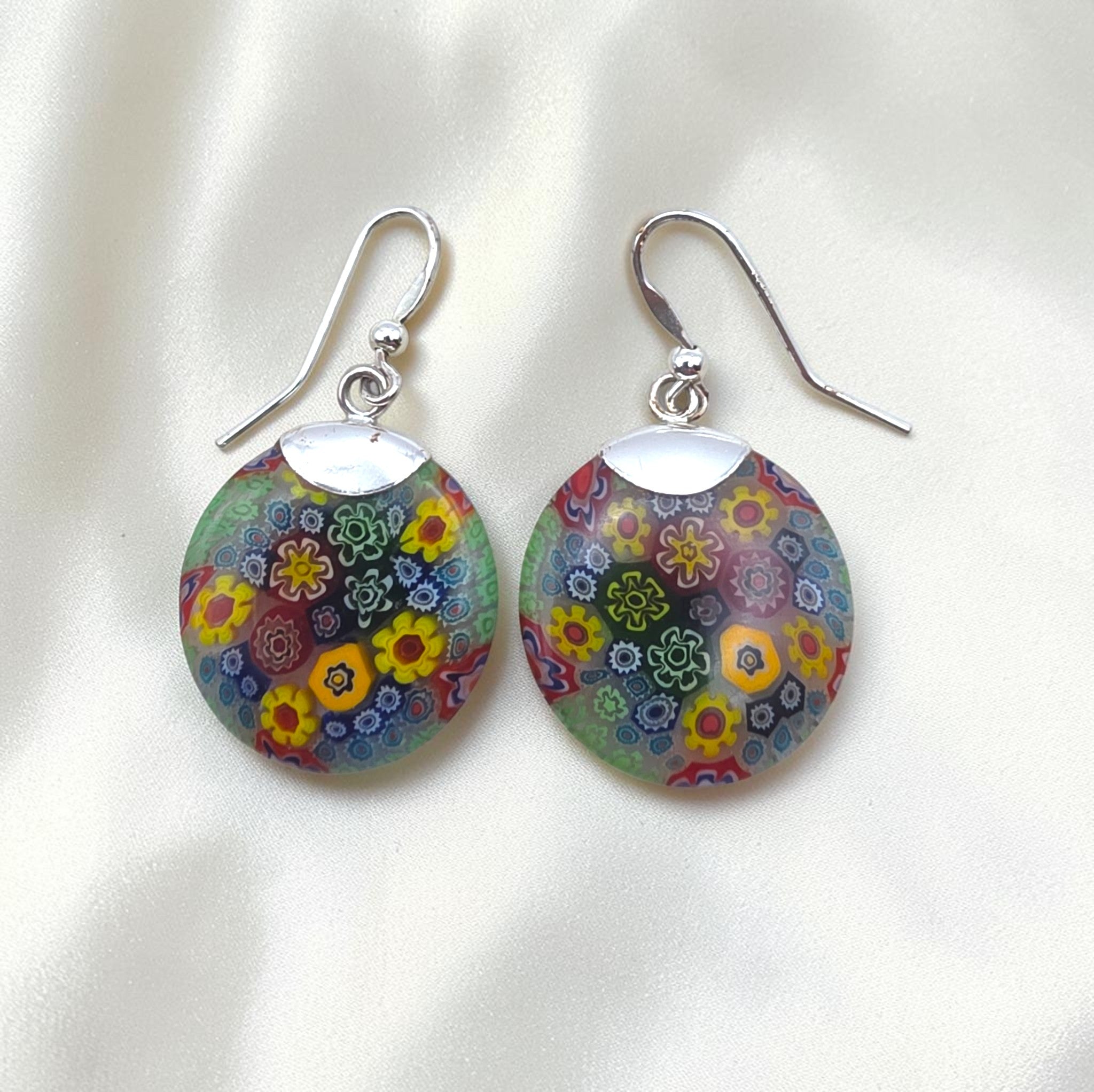 Vintage Sterling Silver Millefiori Murano Glass Dangle Earrings 925 Italy